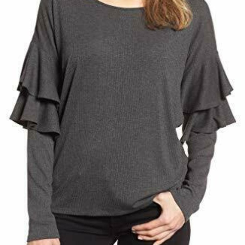 CeCe Women's Tiered Ruffled Shoulder Ribbed Top